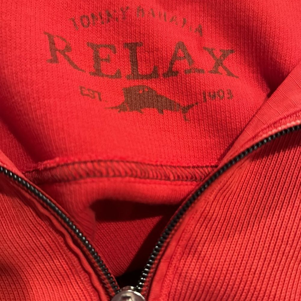Tommy Bahama Tobago Bay RELAX deep orange/lt orange seam stitching 1/4 zip. Med - Picture 7 of 7